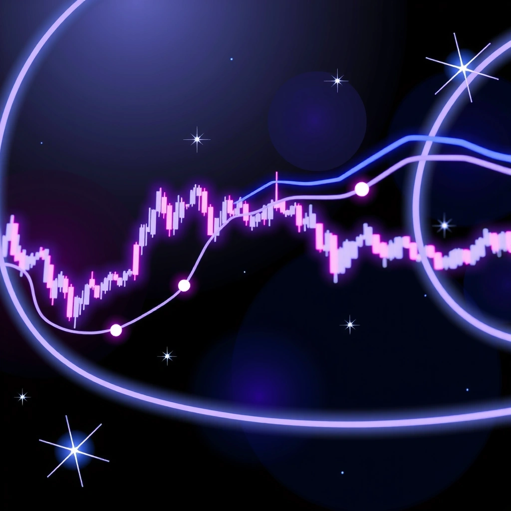 Gráficos de velas japonesas y análisis financiero en estilo abstracto espacial